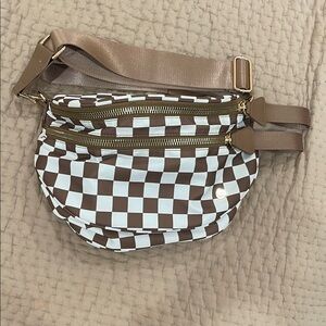 Gold Blush Bum Bag — Brown & White Check Crossbody Belt Bag with Gold Zippers